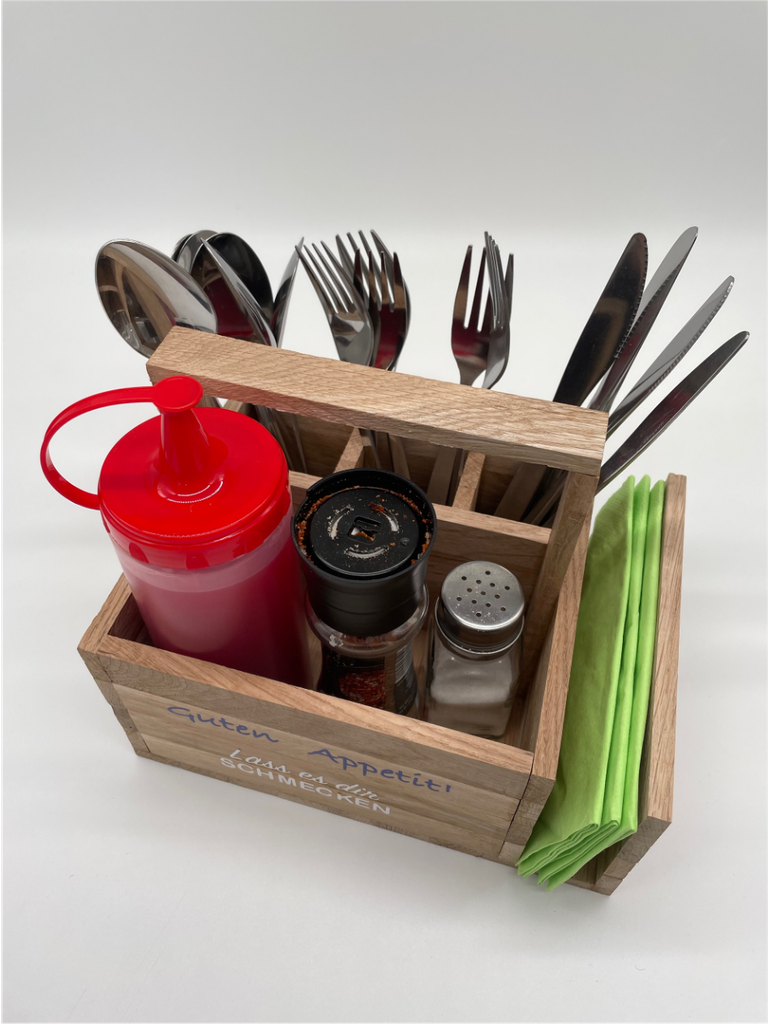 Tisch Organizer aus Holz - Gewürz- und Besteckhalter gelaserter Schriftzug, personalisierbar