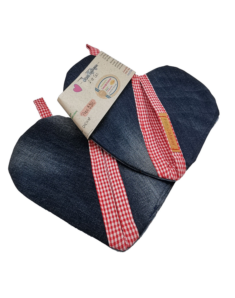 Jeans-Topflappen-Set: Ein Herz für Köche! (rot kariert)